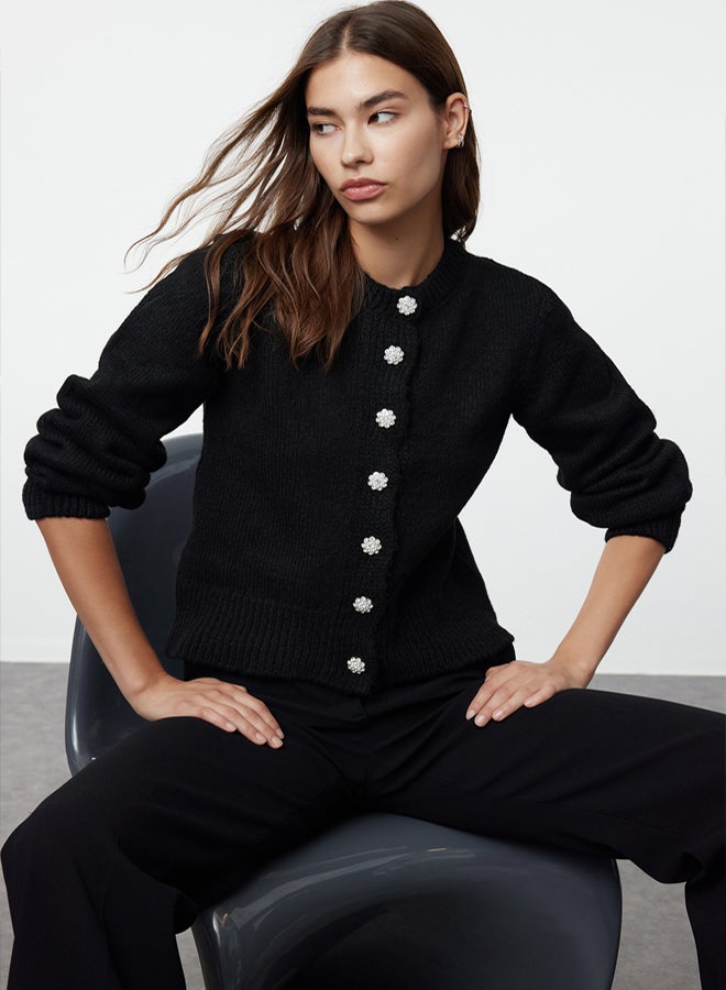 trendyol Black Soft Texture Jewel Buttoned Jacket Look Knitwear Cardigan - Image 1