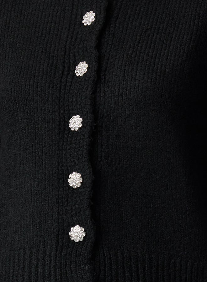 trendyol Black Soft Texture Jewel Buttoned Jacket Look Knitwear Cardigan - Image 3