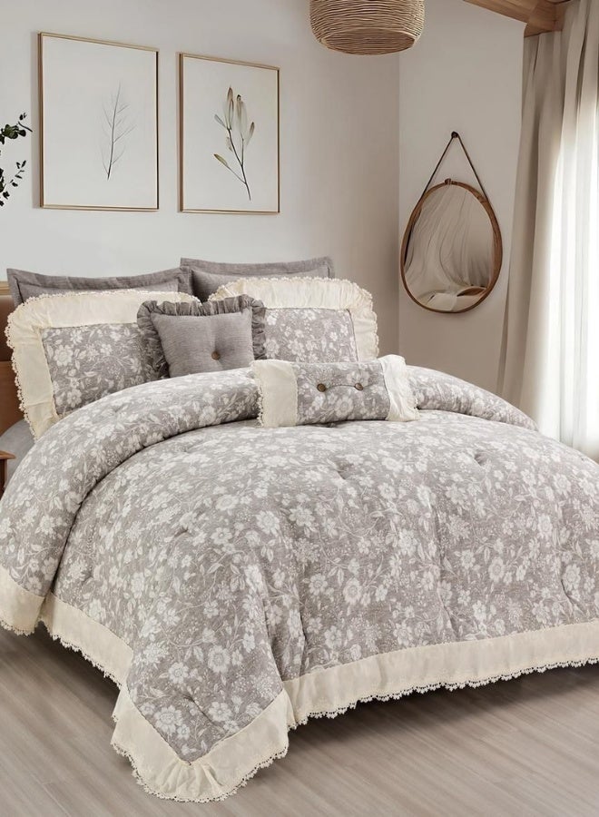 INREST Floral Grace Single Comforter Set 170 × 230 cm Luxury 5 Pieces 100% Microfiber Grey Floral Lace Bedding Set - Image 1