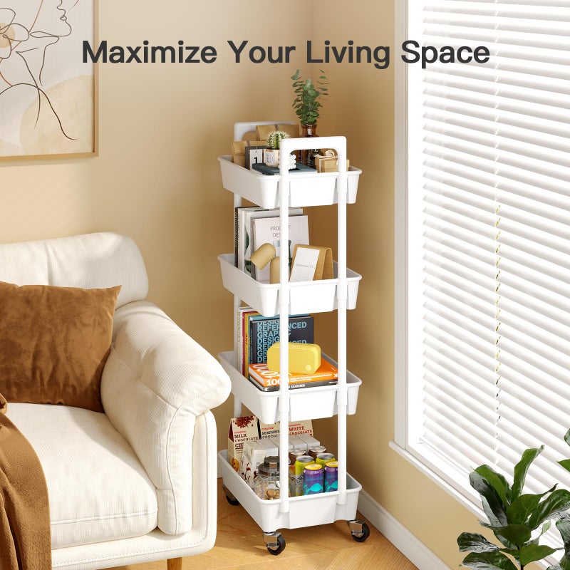 Pipishell 4 Tier Rolling Cart Organizer, Plastic Rolling Cart with Lockable Wheels & Reinforced Handle, Lightweight Utility Storage Cart for Nursery, Kitchen, Craft Room, White - Image 5