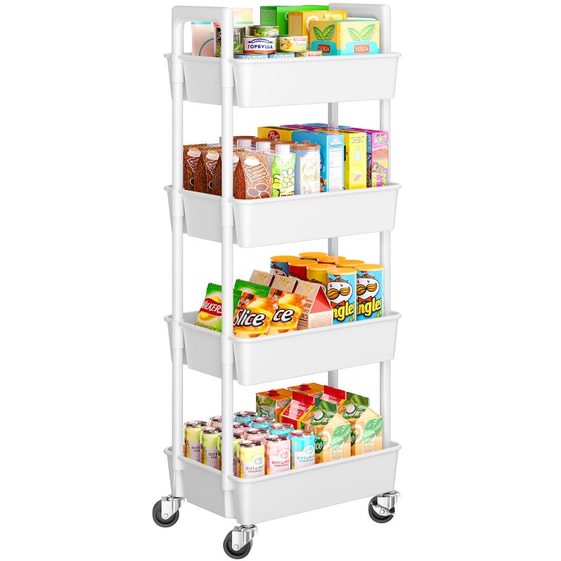 Pipishell 4 Tier Rolling Cart Organizer, Plastic Rolling Cart with Lockable Wheels & Reinforced Handle, Lightweight Utility Storage Cart for Nursery, Kitchen, Craft Room, White - Image 1