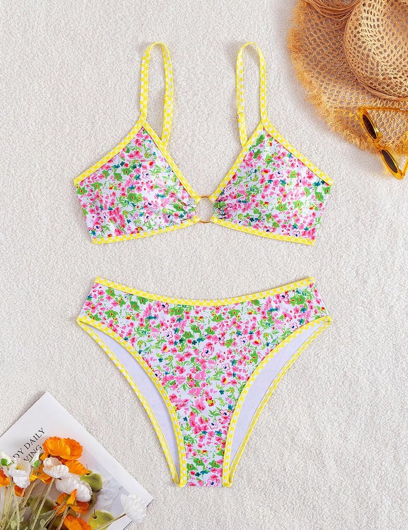 Tainehs Women's Two Piece Bikini Sets O Ring Front Top Ditsy Floral Triangle Swimsuits Cheeky Bathing Suit - Image 4