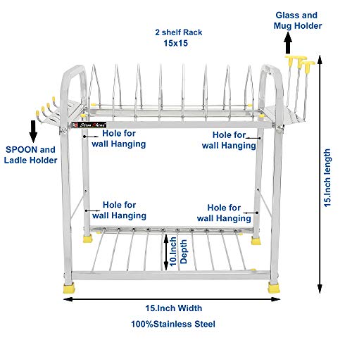 Slim Shine SLIMSHINE Stainless Steel 2 Shelf Kitchen Dish Rack With Plate & Cutlery Stand (15 X 15) INCH - Image 3