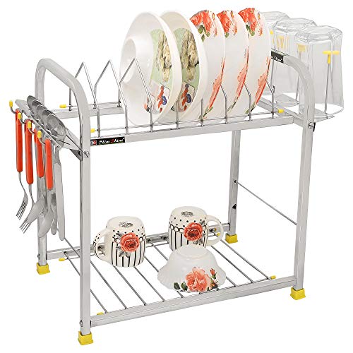 Slim Shine SLIMSHINE Stainless Steel 2 Shelf Kitchen Dish Rack With Plate & Cutlery Stand (15 X 15) INCH - Image 1