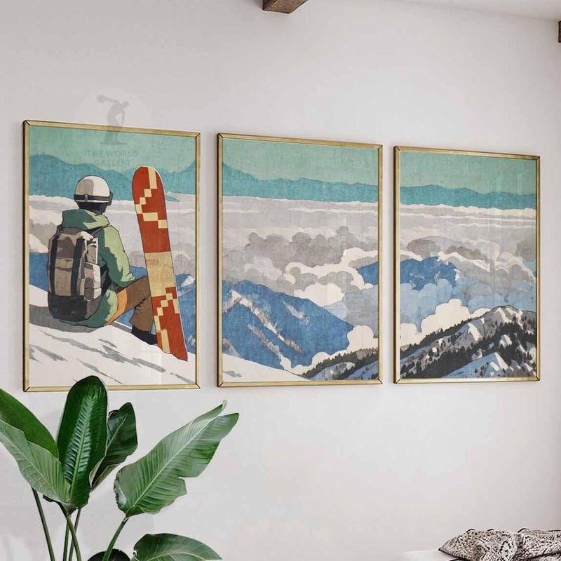 TNESSENTIAL Snowboarder Mountain Poster Set of 3 – Vintage French Alps Wall Art Prints, Winter Sports Snowboarding Decor, Gift Idea - Image 1