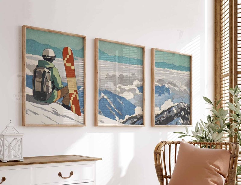 TNESSENTIAL Snowboarder Mountain Poster Set of 3 – Vintage French Alps Wall Art Prints, Winter Sports Snowboarding Decor, Gift Idea - Image 3