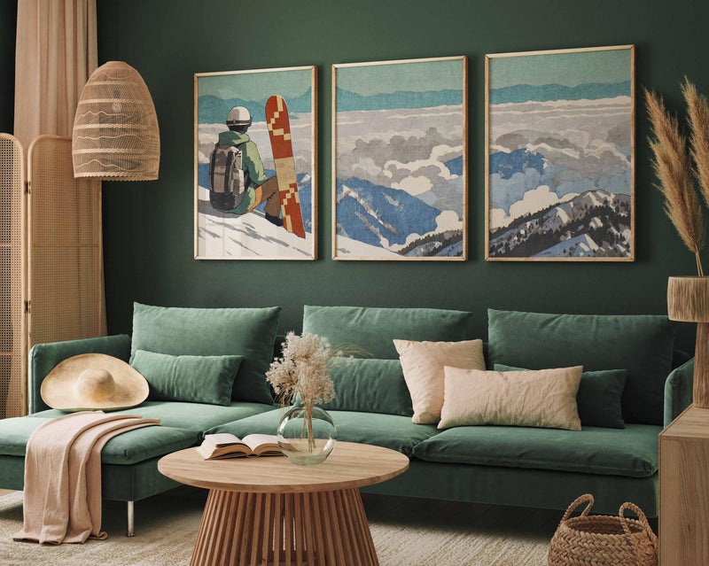 TNESSENTIAL Snowboarder Mountain Poster Set of 3 – Vintage French Alps Wall Art Prints, Winter Sports Snowboarding Decor, Gift Idea - Image 2