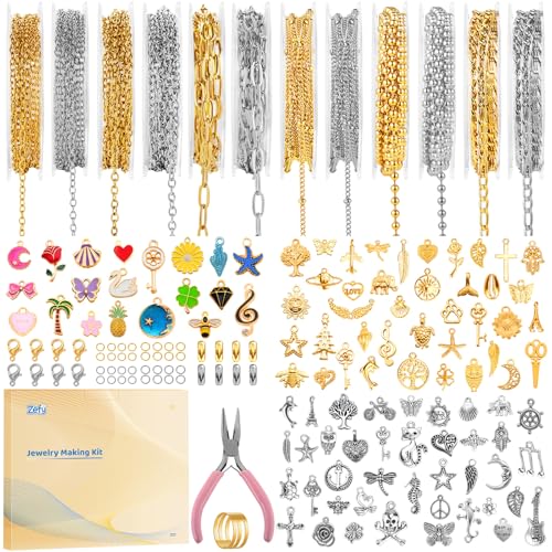 Zefy 18K Gold Silver Chain for Jewelry Making Kit, 39.6ft 12 Rolls Stainless Steel Chains Bulk with 380 Pcs Charms, Jump Rings Lobster Clasps Set for DIY Bracelet Necklace Crafts - Image 1