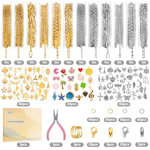 Zefy 18K Gold Silver Chain for Jewelry Making Kit, 39.6ft 12 Rolls Stainless Steel Chains Bulk with 380 Pcs Charms, Jump Rings Lobster Clasps Set for DIY Bracelet Necklace Crafts - Image 5
