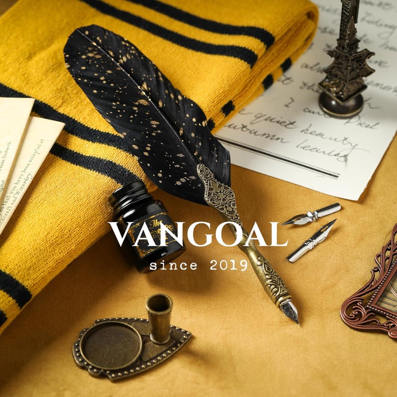 VANGOAL Vintage Black Feather Pen and Ink Set, Classic Series Goose Quill With Carving Stand, Calligraphy Nibs, Black Dip Ink, Antique Writing Gift for Writer - Image 3