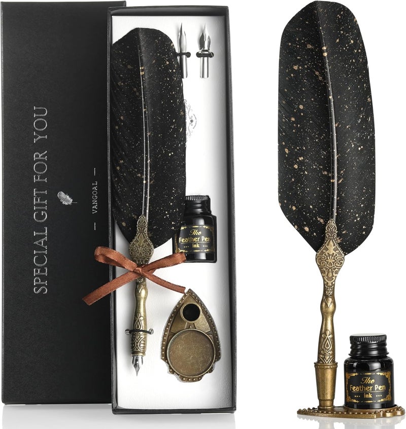 VANGOAL Vintage Black Feather Pen and Ink Set, Classic Series Goose Quill With Carving Stand, Calligraphy Nibs, Black Dip Ink, Antique Writing Gift for Writer - Image 1