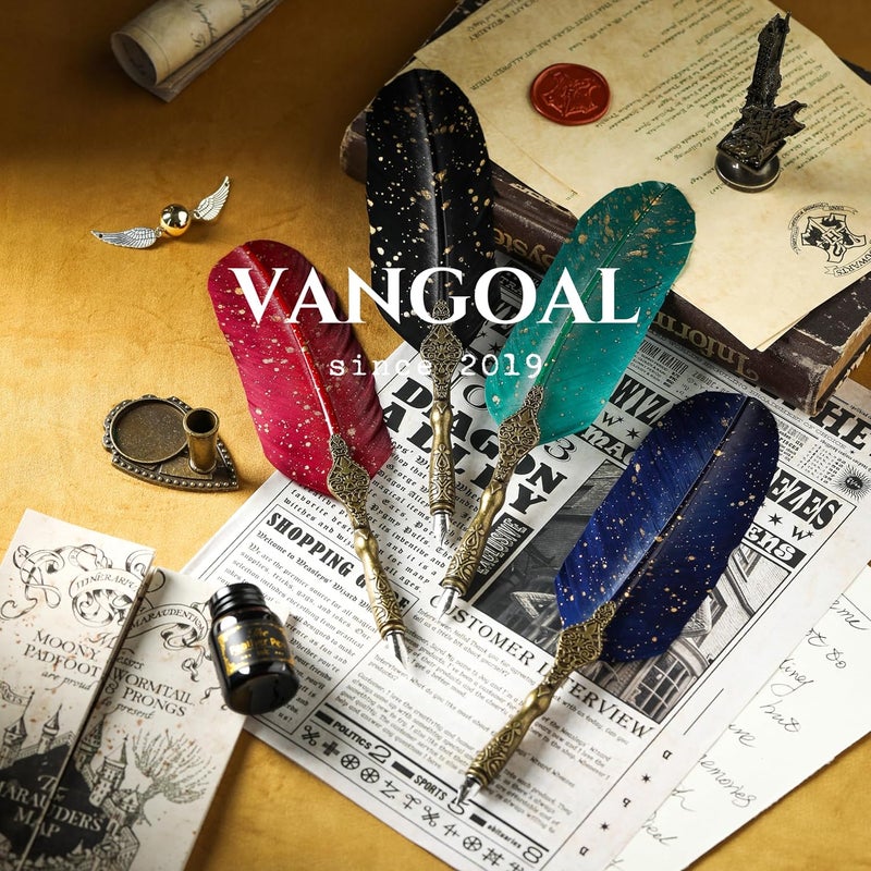 VANGOAL Vintage Black Feather Pen and Ink Set, Classic Series Goose Quill With Carving Stand, Calligraphy Nibs, Black Dip Ink, Antique Writing Gift for Writer - Image 5