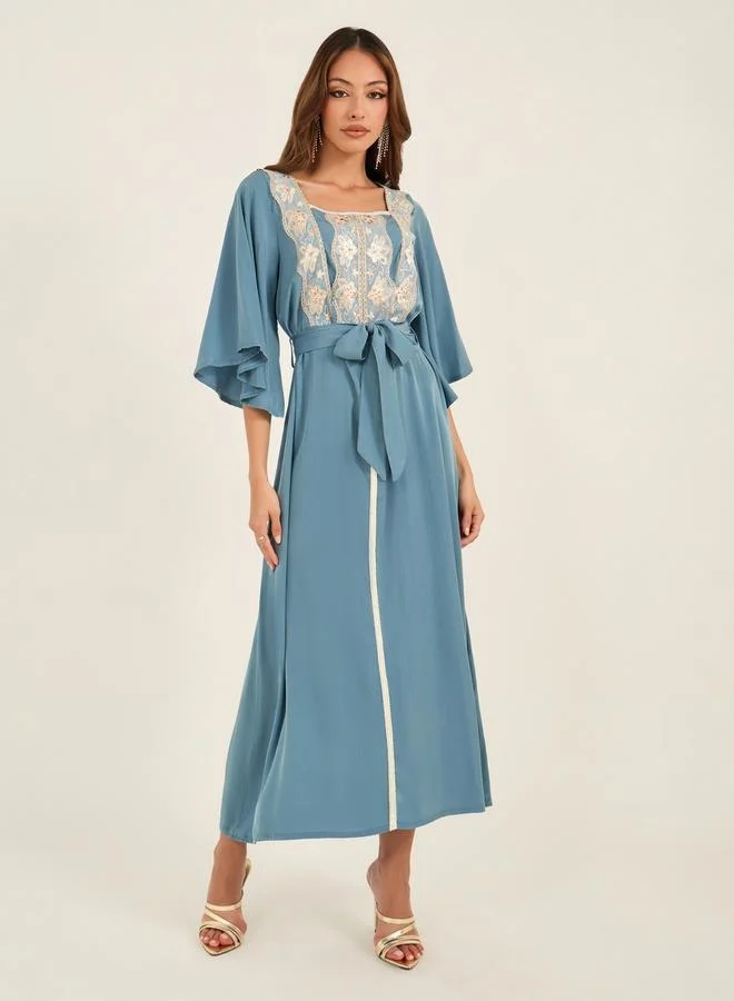 Take Two Take Two Embroidered Lace Insert Square Neck Jalabiya