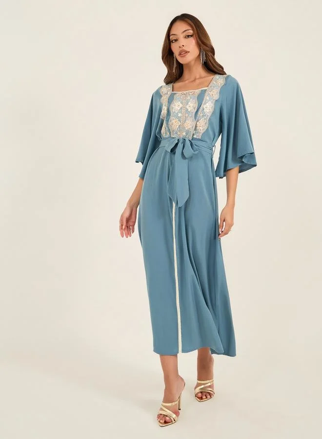 Take Two Take Two Embroidered Lace Insert Square Neck Jalabiya