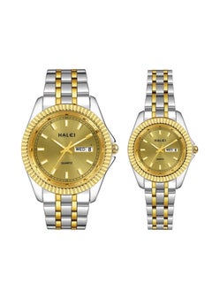 HALEI HALEI Luxury 2-Piece Couple Watches Gold-Silver Tone Stainless Steel Quartz Calendar Wristwatch Rhinestone His and Her Watch Set  - Image 1