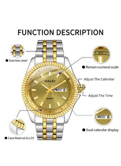 HALEI HALEI Luxury 2-Piece Couple Watches Gold-Silver Tone Stainless Steel Quartz Calendar Wristwatch Rhinestone His and Her Watch Set  - Image 2