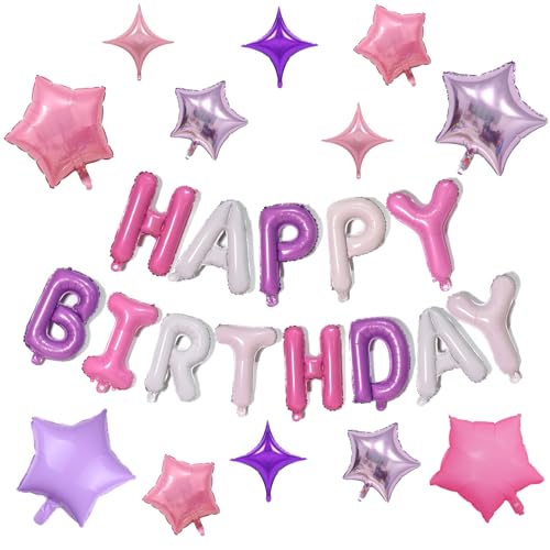 KALOR Purple and Pink Happy Birthday Balloons Kit with 16 Inch Mylar Foil Letters Balloon and Star Balloons for Birthday Party Decorations Photo Booth Backdrop - Image 1