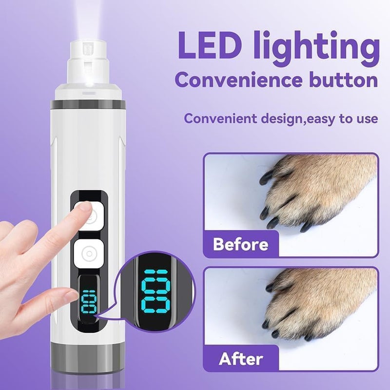 مطحنة أظافر الكلاب الهادئة - مطحنة أظافر الكلاب والقطط فائقة الهدوء مع ضوء LED وعرض البطارية ورأس طحن مطور - مقلم أظافر غير مؤلم للحيوانات الأليفة الصغيرة إلى الكبيرة، والأظافر السميكة، والكفوف الحساسة - Image 5