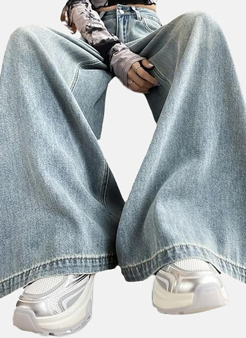 يونيكي Blue Solid Mid Rise Relaxed Wide Leg Jeans