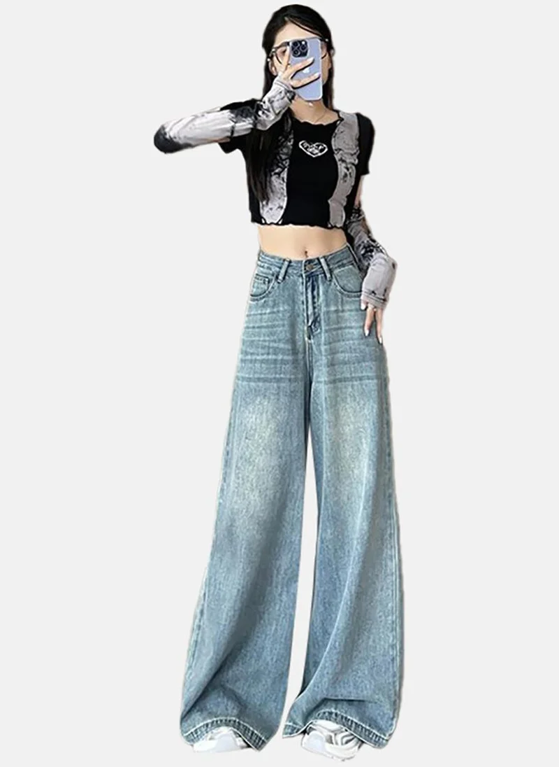 YUNIQEE Blue Solid Mid Rise Relaxed Wide Leg Jeans