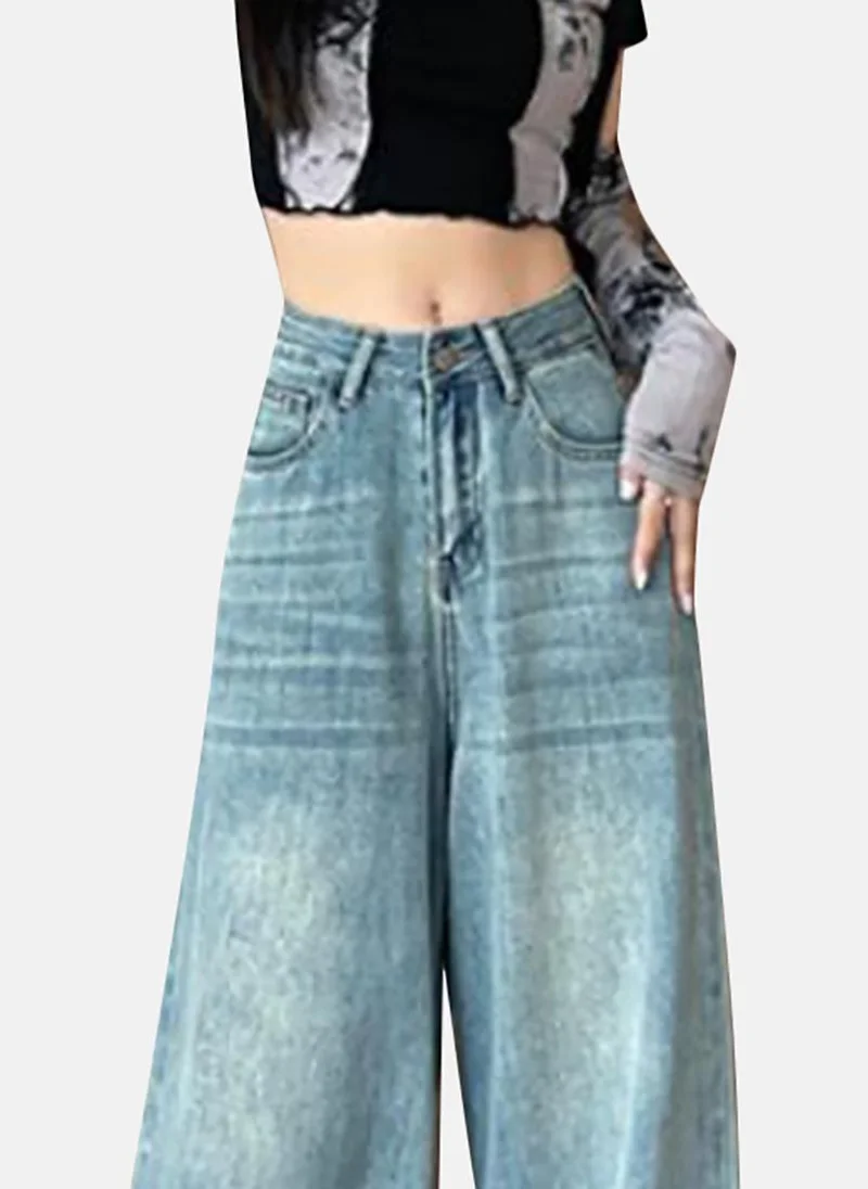 يونيكي Blue Solid Mid Rise Relaxed Wide Leg Jeans