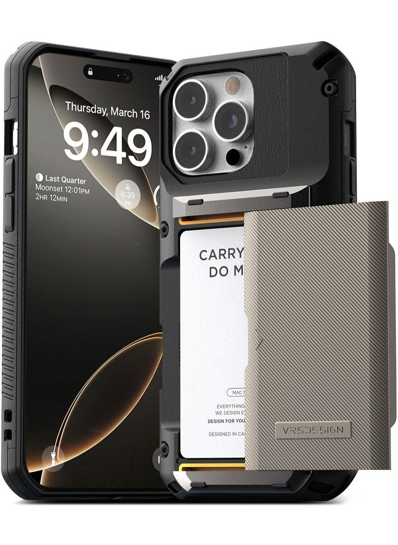 VRS Design Damda Glide Pro iPhone 16 Pro MAX Case Cover Wallet with Semi Automatic Credit Card Holder Slot [4 Cards] - Horizon Silver Groove  - Image 1