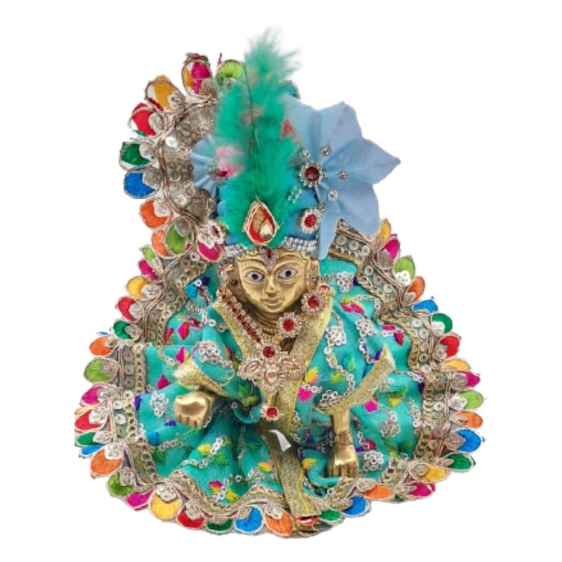 MURLIWALE Kanha JiThakur Ji DressPoshakPagdi Made of Net Cloth Combo of a Total 4 Items 1 Poshak 1 Mukut 1 Mala 1 Bansuri of Gopal ji Idol Dress Size Diameter 6 Inch Idol Size2 - Image 1