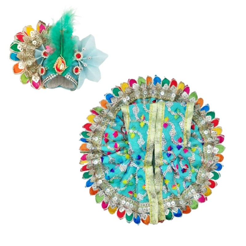 MURLIWALE Kanha JiThakur Ji DressPoshakPagdi Made of Net Cloth Combo of a Total 4 Items 1 Poshak 1 Mukut 1 Mala 1 Bansuri of Gopal ji Idol Dress Size Diameter 6 Inch Idol Size2 - Image 2