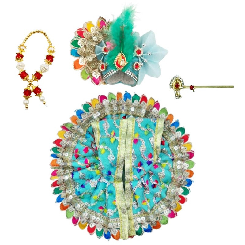 MURLIWALE Kanha JiThakur Ji DressPoshakPagdi Made of Net Cloth Combo of a Total 4 Items 1 Poshak 1 Mukut 1 Mala 1 Bansuri of Gopal ji Idol Dress Size Diameter 6 Inch Idol Size2 - Image 3