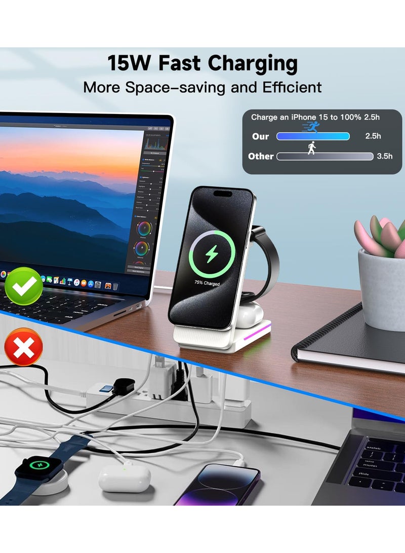 Anmi 3 in 1 Magnetic Wireless Charger for Apple Devices, 15W Fast Charging Mag-Safe Charger Station for iPhone 16 15 Pro Max/14/13, Foldable Apple Charging Station for i Watch 10/9/Ultra/8, Travel Charger for AirPods Pro/2/3  (White) - Image 2