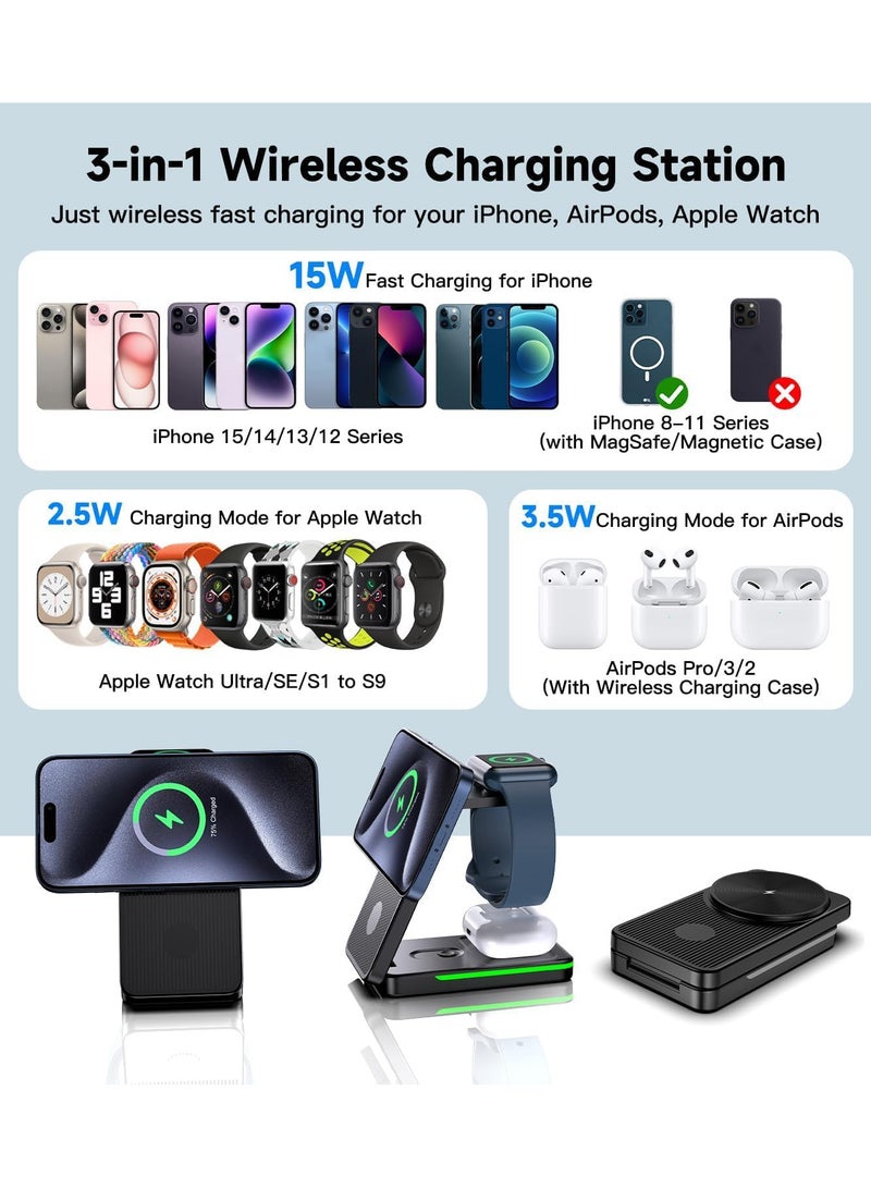 Anmi 3 in 1 Magnetic Wireless Charger for Apple Devices, 15W Fast Charging Mag-Safe Charger Station for iPhone 16 15 Pro Max/14/13, Foldable Apple Charging Station for i Watch 10/9/Ultra/8, Travel Charger for AirPods Pro/2/3  (White) - Image 3