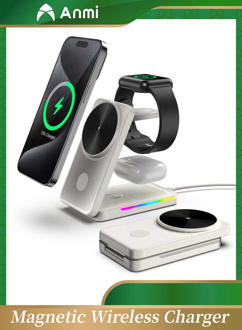 Anmi 3 in 1 Magnetic Wireless Charger for Apple Devices, 15W Fast Charging Mag-Safe Charger Station for iPhone 16 15 Pro Max/14/13, Foldable Apple Charging Station for i Watch 10/9/Ultra/8, Travel Charger for AirPods Pro/2/3  (White) - Image 1