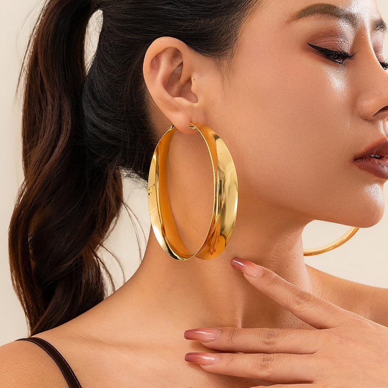 GIGB PBDK Gold Chunky Hoop Earrings for Women Exaggerated Large Wide Post Thick Hoop Earrings Minimalist Polished 80MM Statement Earrings Prom Jewelry Gift (Gold) - Image 2