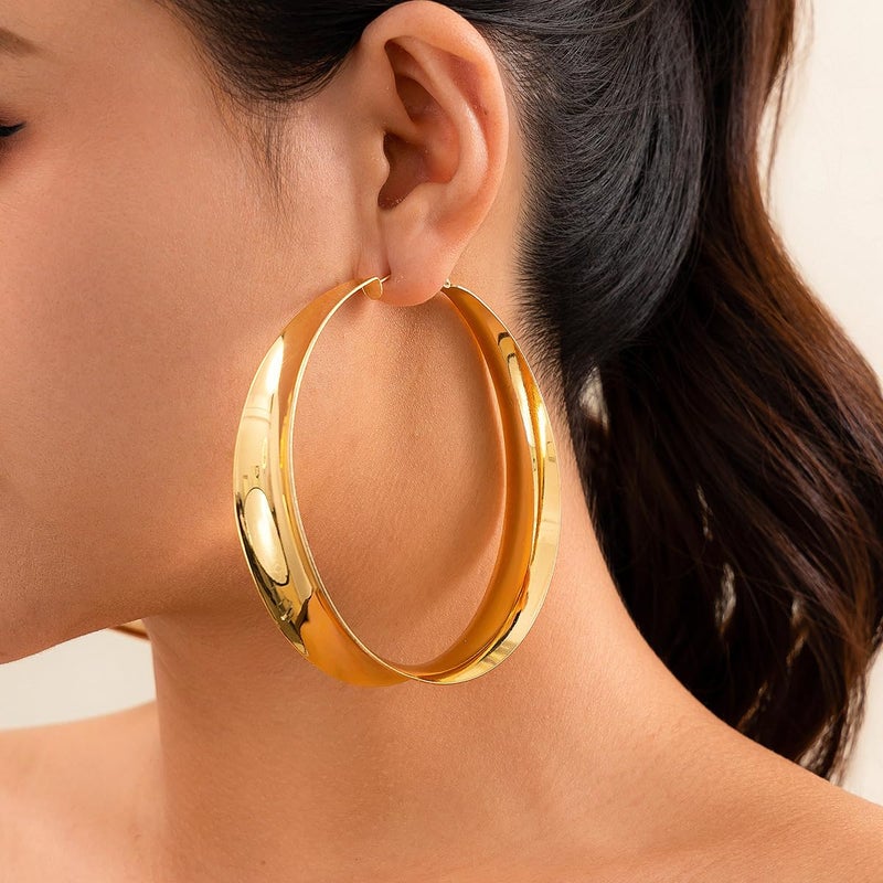 GIGB PBDK Gold Chunky Hoop Earrings for Women Exaggerated Large Wide Post Thick Hoop Earrings Minimalist Polished 80MM Statement Earrings Prom Jewelry Gift (Gold) - Image 4