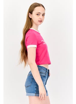 ESPRIT Women Crew Neck Short Sleeve Brand Logo Crop T-Shirt, Pink  - Image 2