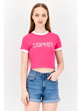 ESPRIT Women Crew Neck Short Sleeve Brand Logo Crop T-Shirt, Pink  - Image 1