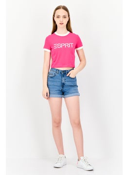 ESPRIT Women Crew Neck Short Sleeve Brand Logo Crop T-Shirt, Pink  - Image 3