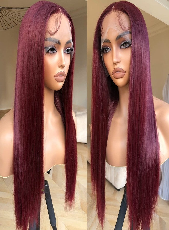 BrownBomb Straight Lace Front Wig Pre Plucked, Synthetic Lace Front Wig Pre Plucked, HD Glueless Wigs 13X5X1 Lace Wigs for Women 180 Density 26inch (Burgundy99J, 26) - Image 2
