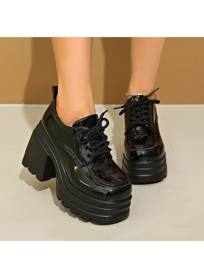 Women's Black Glossy Platform Lace-up Chunky Heel Shoes - Image 4
