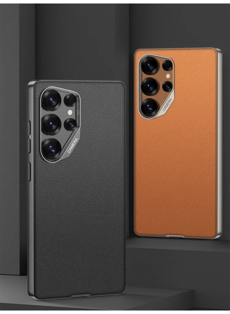 غطاء هاتف لـ Samsung Galaxy S25 Ultra، غطاء واقي مضاد للصدمات من الجلد الصناعي الممتاز مع إطار معدني - Image 3