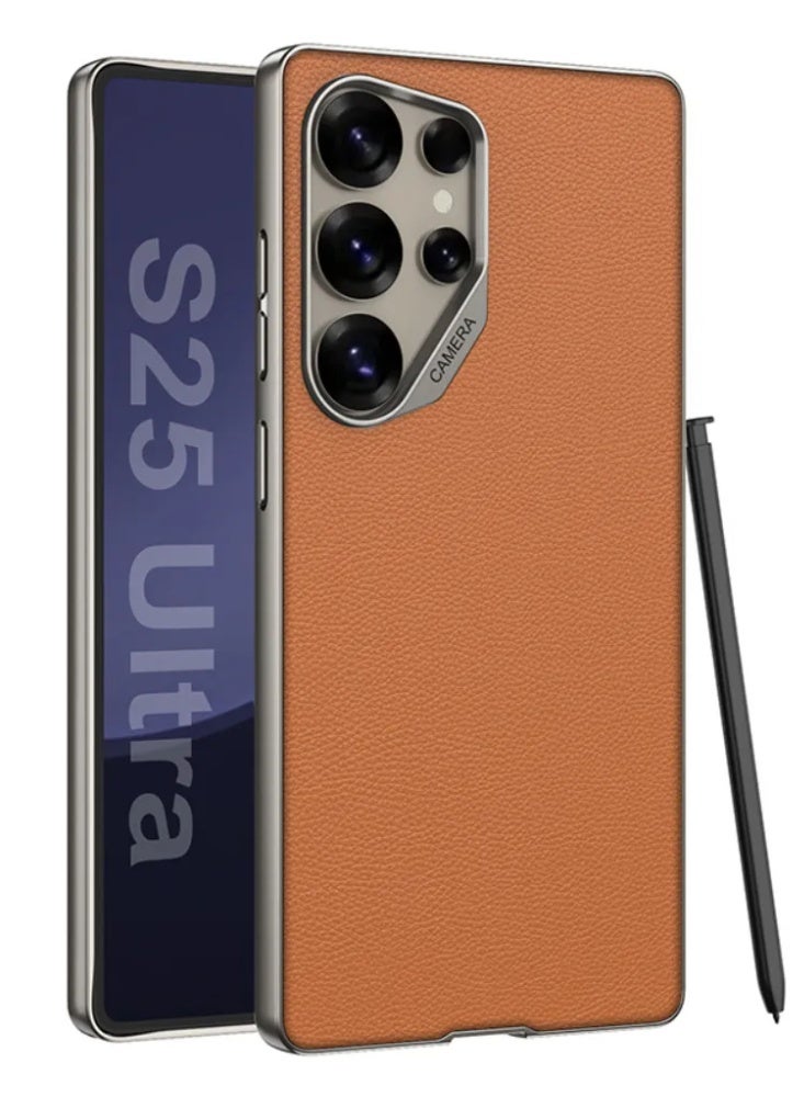 غطاء هاتف لـ Samsung Galaxy S25 Ultra، غطاء واقي مضاد للصدمات من الجلد الصناعي الممتاز مع إطار معدني - Image 1