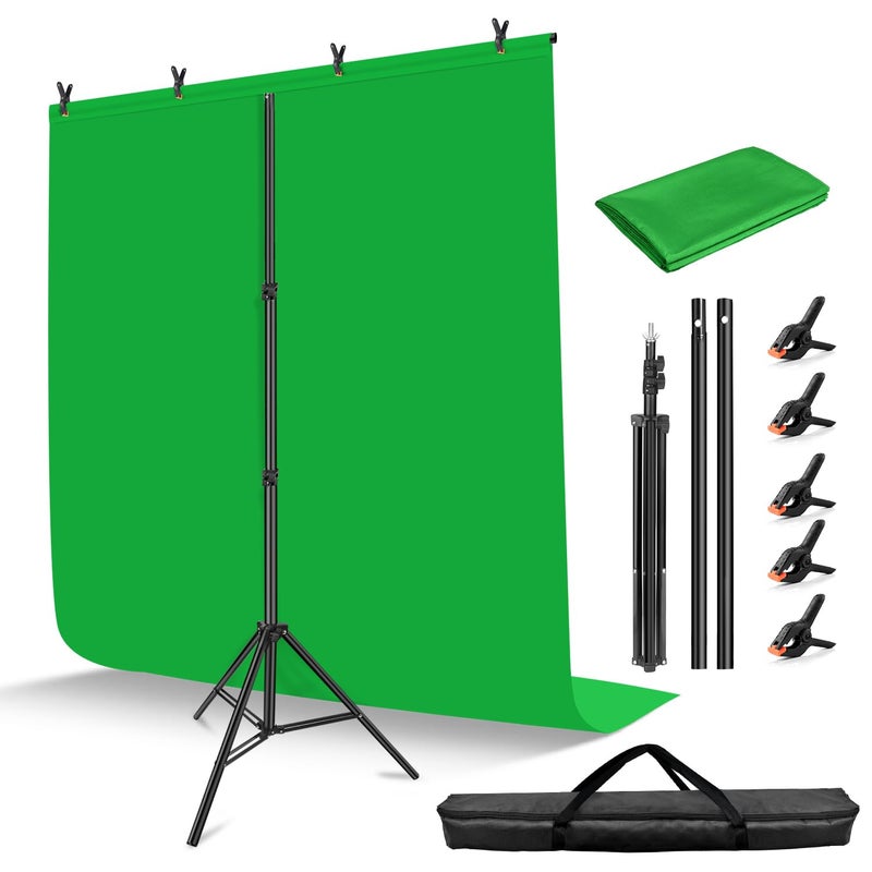 طقم حامل الشاشة الخضراء HEMMOTOP 7x5 قدم مع خلفية شاشة خضراء 65x5 قدم للحامل للبث المباشر والألعاب وزوم، طقم خلفية شاشة خضراء محمولة مع مشابك وحقيبة حمل