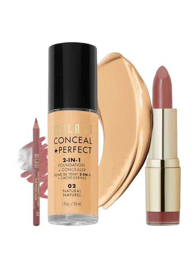 MILANI Conceal + Perfect 2 In 1 beige & Color Statement Lipstick 25 Naturally Chic & Milani Color Statement Lipliner-Nude Bundle