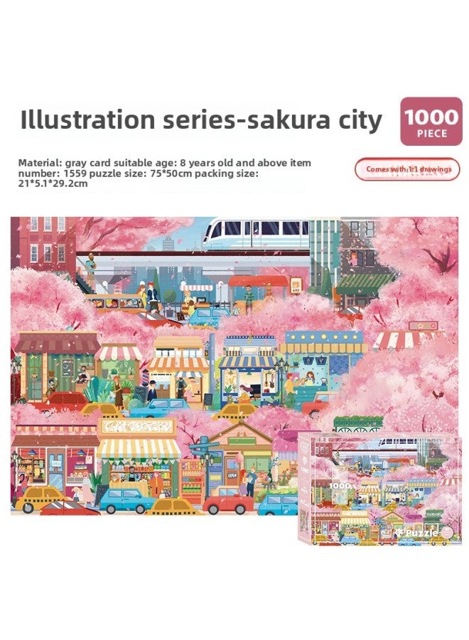 Ancient 1000 Carton Puzzle Adult Leisure Decompression Toy King Glory Holiday Gift Glue-Color:Sakura City 1599 + Glue - Image 1