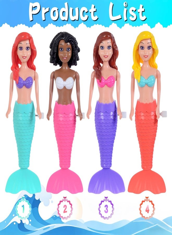 dollbie 4-Pack Wind-Up Mermaid Bath Toys for Kids -Toddler Bath Toys for Kids Moving Tail Priness Doll Diverse Hair Colors & Styles Mermaids, Swimming Pool Party Favors - Image 3