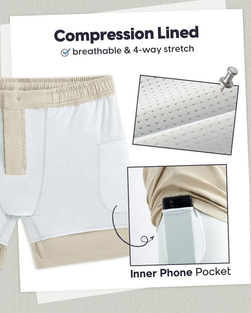 maamgic Mens Casual Linen Shorts 5 Inch Elastic Waist Drawstring Summer 2 in 1 Beach Shorts with Pockets - Image 4