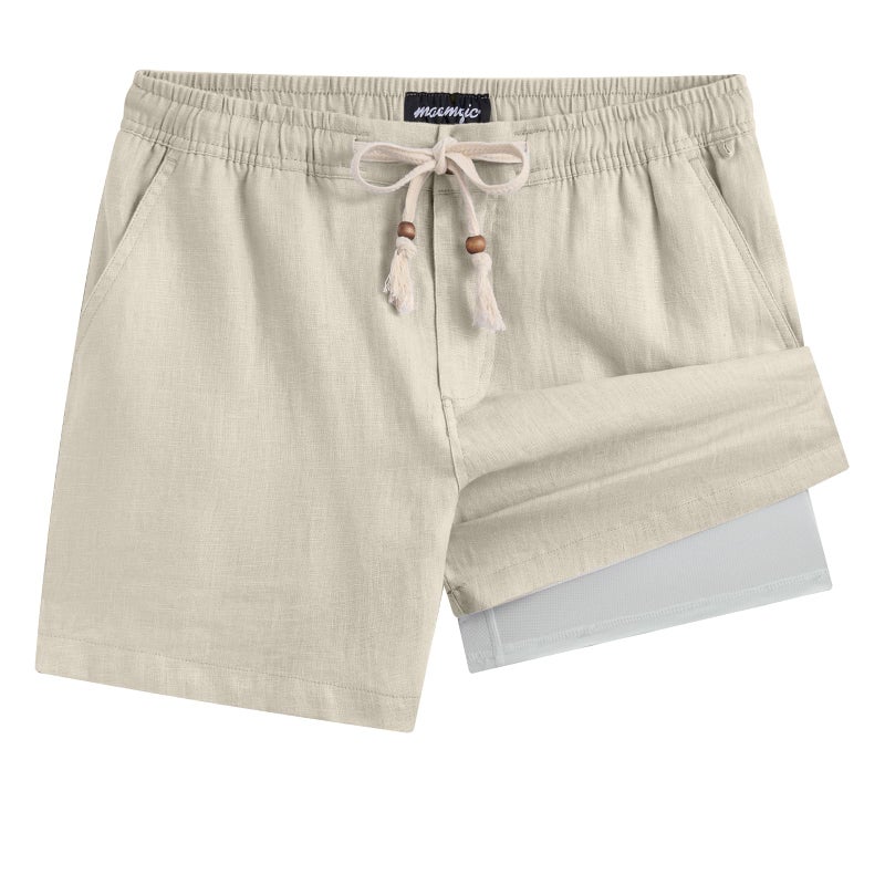maamgic Mens Casual Linen Shorts 5 Inch Elastic Waist Drawstring Summer 2 in 1 Beach Shorts with Pockets - Image 1