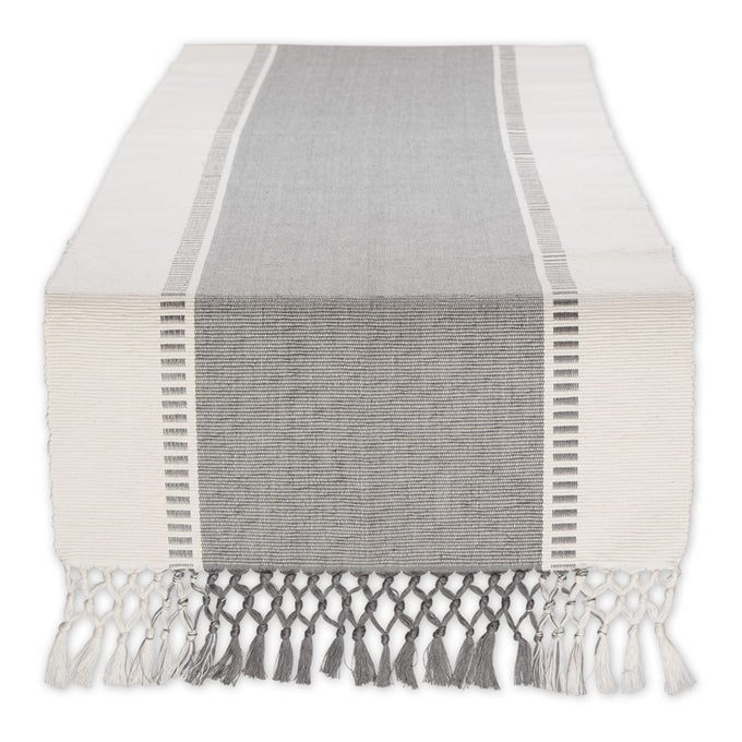 DOBBY STRIPE WOVEN TABLE RUNNER 13X108 13X1135 FRINGE INCLUDED COOL GRAY