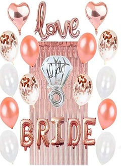Rose Gold Bachelorette Party Decorations: Bridal Shower Hen Night Kit BRIDE Foil Balloon, 1 Love Silver Diamond Ring, 2 Heart, 12 Latex White Confetti, Metallic Tinsel Fringe Curtain, Wedding Supplies