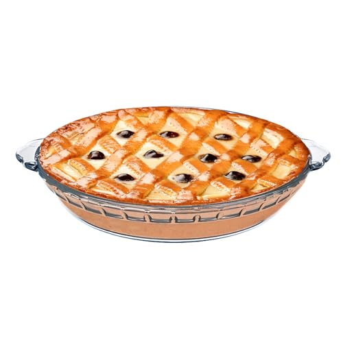 FEOOWV 1 Pack Round Glass Pie Pans for Baking Round Baking Dishes with Handles for Apple Pie Pumpkin Pie Salads (Clear 8in) - Image 1